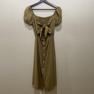 SHEIN Olive Green Short Puff Sleeve Midi Dress